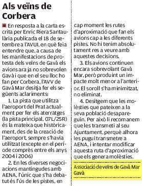 Respuesta de la AVV de Gav&agrave; Mar a la carta publicada por el vecino de Corbera en el diario AVUI (27 de septiembre de 2007)